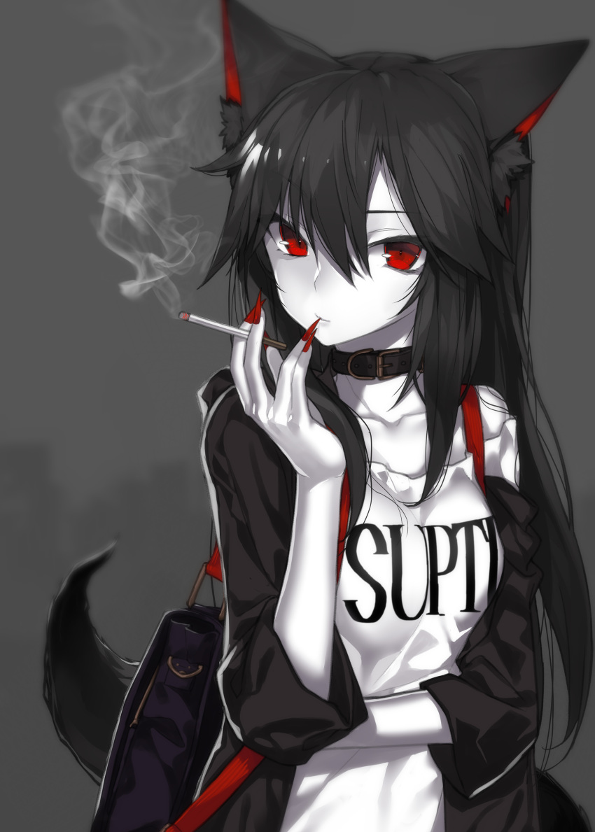 1girl absurdres animal_ear_fluff animal_ears backpack bag bangs bare_shoulders belt_collar black_collar black_hair black_jacket breasts cigarette closed_mouth clothes_writing collarbone commentary_request eyebrows_visible_through_hair grey_background grey_skin hair_between_eyes hand_up highres hitoshi holding holding_cigarette hood hood_down hooded_jacket imaizumi_kagerou jacket long_hair looking_at_viewer off_shoulder open_clothes open_jacket red_eyes shirt small_breasts smoke smoking solo tail tail_raised touhou very_long_hair white_shirt white_skin wolf_ears wolf_girl wolf_tail