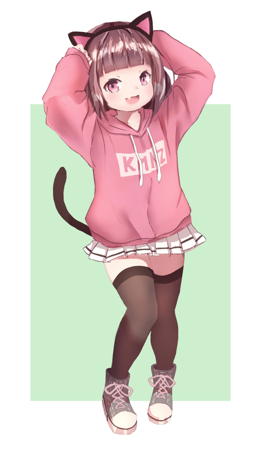 1girl :d animal_ears arms_up bangs blunt_bangs blush boots brown_hair brown_legwear cat_ears cat_girl cat_tail collarbone commentary copyright_name drawstring eyebrows_visible_through_hair fake_animal_ears fang fingernails green_background grey_footwear highres hood hood_down hoodie kmnz leaning_to_the_side long_sleeves mc_liz open_mouth pink_hoodie pleated_skirt puffy_long_sleeves puffy_sleeves red_eyes shiro_hakuchou sketch skirt sleeves_past_wrists smile solo tail tail_raised thigh-highs two-tone_background virtual_youtuber white_background white_skirt