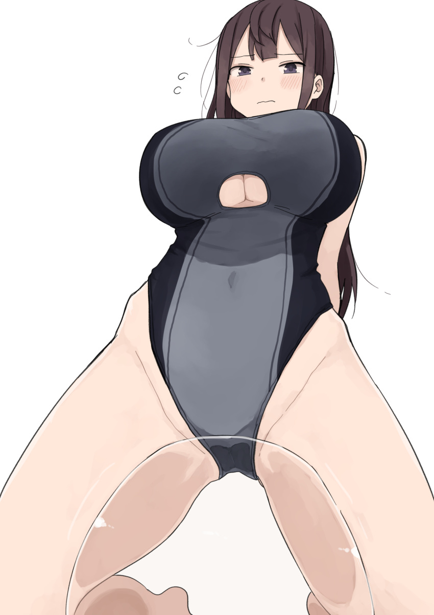 1girl :s absurdres blush breasts brown_eyes brown_hair eyebrows_visible_through_hair from_below highleg highleg_swimsuit highres kneeling large_breasts long_hair looking_at_viewer one-piece_swimsuit original rucchiifu solo swimsuit under_boob underboob_cutout white_background