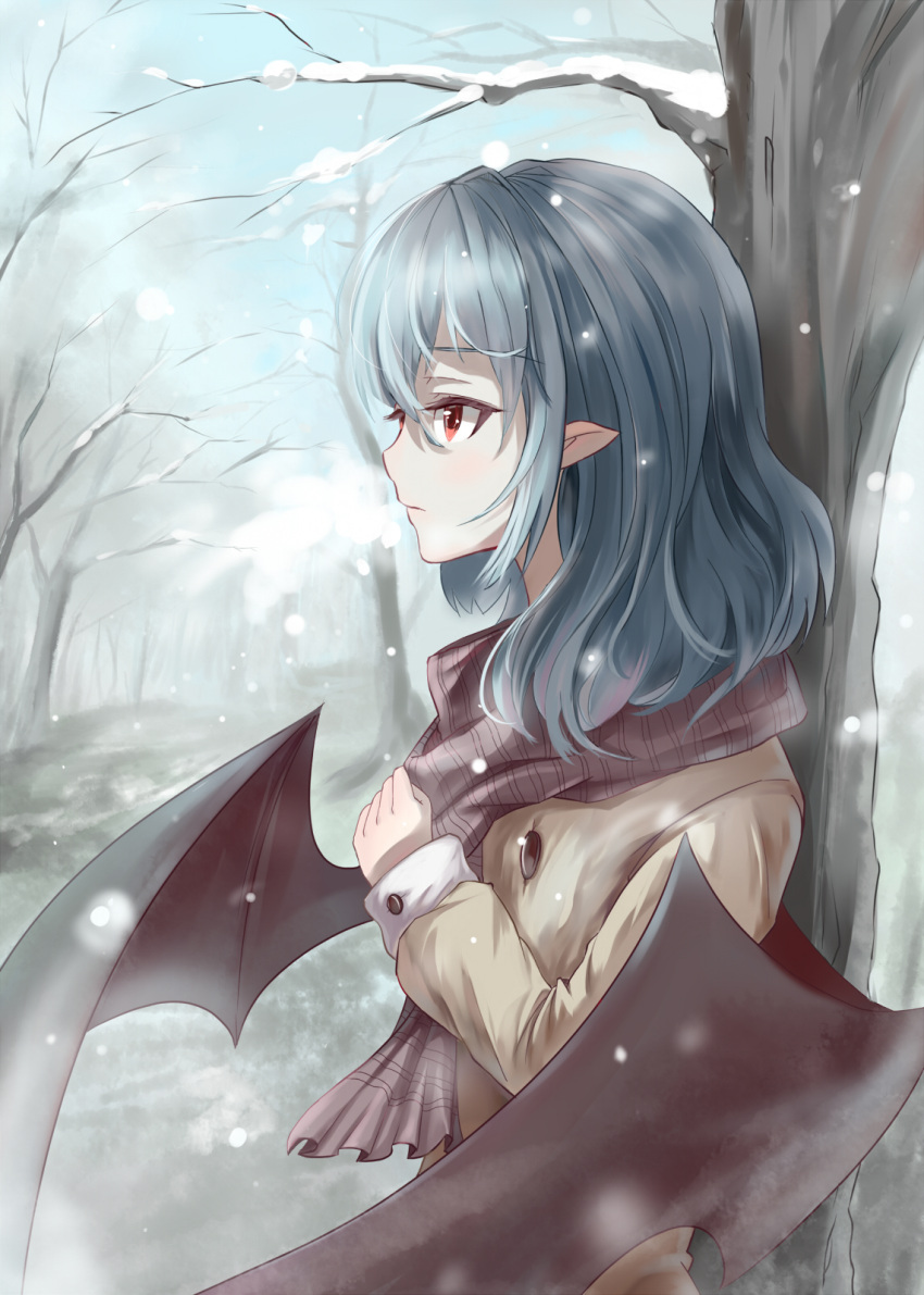 1girl against_tree black_wings blue_hair brown_coat coat day from_side highres long_hair outdoors pointy_ears purple_scarf red_eyes remilia_scarlet scarf snow snowing snozaki solo touhou tree upper_body wings