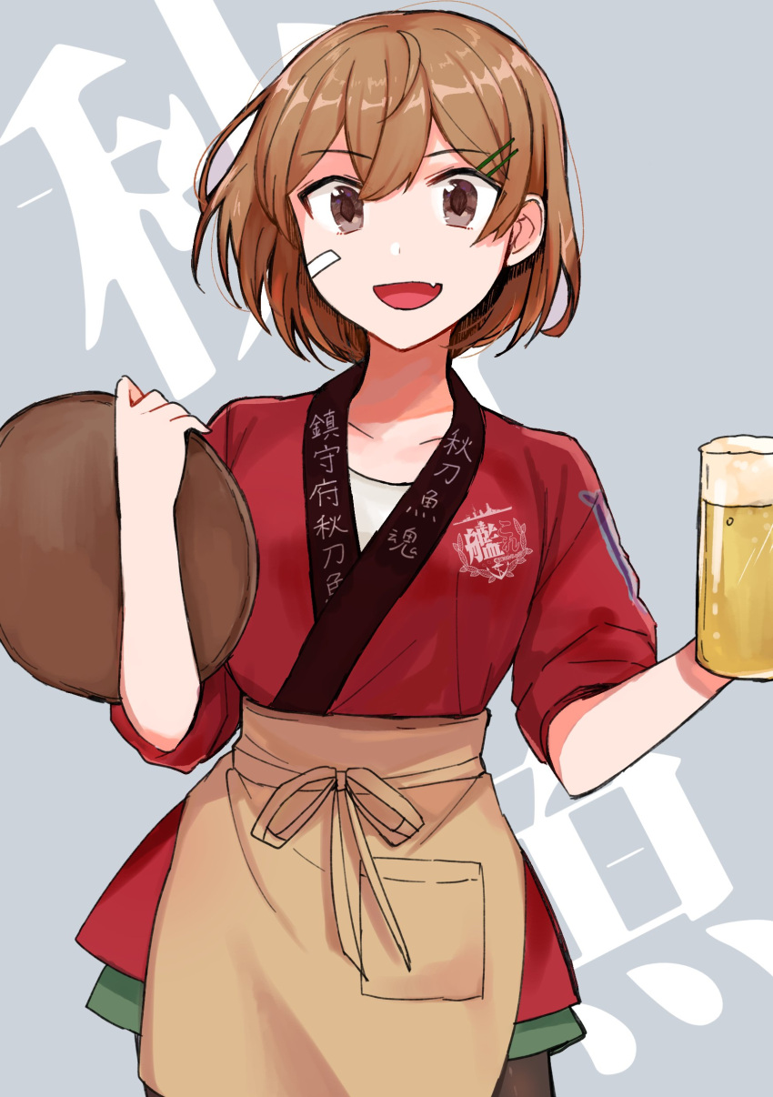 absurdres alcohol alternate_costume animal_print apron bandaid bandaid_on_face beer beer_mug brown_eyes brown_hair clothes_writing commentary cup fang fish_print glass hair_between_eyes hair_ornament hairclip happi highres holding holding_cup japanese_clothes kantai_collection logo oboro_(kantai_collection) open_mouth pantyhose pocket short_hair simple_background sleeves_pushed_up tama_wo tray