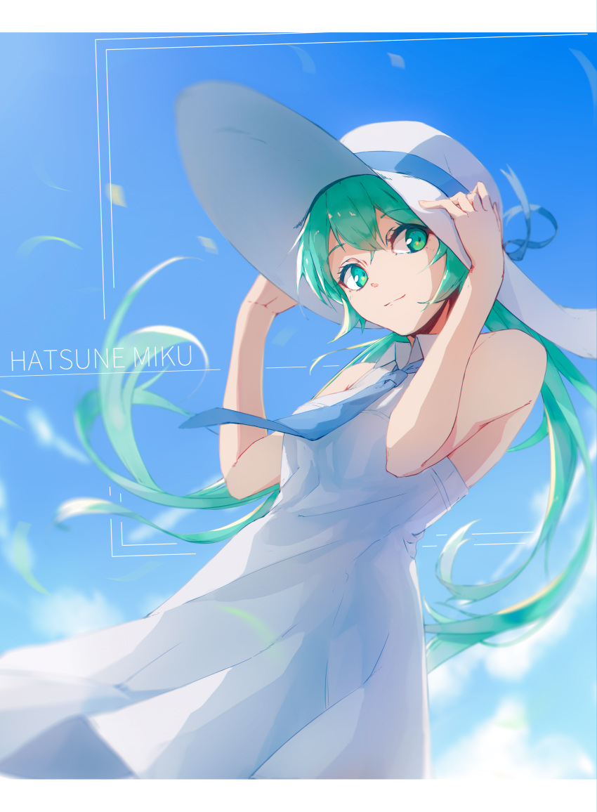 1girl absurdres aqua_eyes aqua_hair bangs blue_neckwear blue_ribbon blue_sky blurry character_name closed_mouth collared_dress commentary cowboy_shot day depth_of_field dress from_below hands_on_headwear hands_up hat hat_ribbon hatsune_miku highres long_hair looking_at_viewer looking_down necktie outdoors ribbon sky sleeveless sleeveless_dress smile solo sun_hat sundress twintails very_long_hair vocaloid xy_(pixiv8783776)