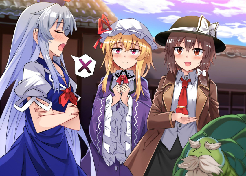 3girls :d bangs beard black_hat black_skirt blonde_hair blue_dress blue_hat blue_sky blush bow breasts brooch brown_coat brown_eyes brown_hair clenched_hands closed_eyes clouds coat commentary_request cowboy_shot crossed_arms day dress e.o. eyebrows_visible_through_hair facial_hair fedora frilled_shirt_collar frilled_sleeves frills genjii grey_hair hair_between_eyes hair_bow hat hat_bow hat_ribbon human_village_(touhou) jewelry kamishirasawa_keine long_hair long_sleeves looking_at_viewer maribel_hearn mob_cap multiple_girls mustache neck_ribbon neckerchief necktie open_clothes open_coat open_mouth outdoors pink_eyes profile puffy_short_sleeves puffy_sleeves purple_dress red_neckwear red_ribbon ribbon shirt short_hair short_sleeves sidelocks silver_hair skirt sky small_breasts smile spoken_x standing thick_eyebrows touhou touhou_(pc-98) turtle usami_renko very_long_hair white_bow white_hat white_shirt wide_sleeves wing_collar