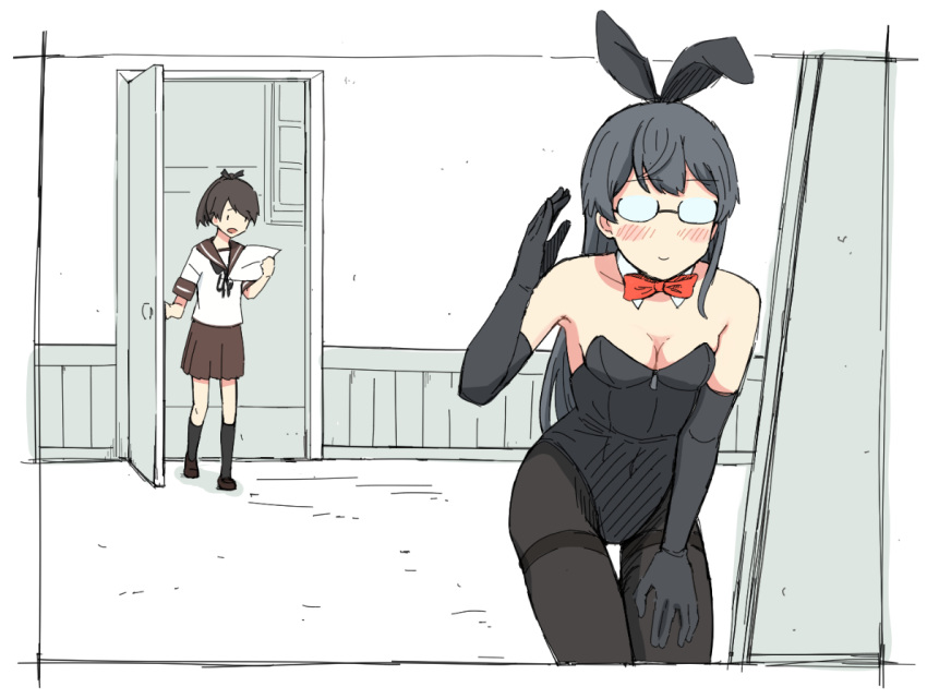 2girls alternate_costume animal_ears bare_shoulders black_gloves black_hair black_legwear blush bow bowtie breasts brown_hair bunnysuit caught cleavage detached_collar door elbow_gloves fake_animal_ears glasses gloves indoors kantai_collection long_hair multiple_girls neckerchief ooyodo_(kantai_collection) opening_door pantyhose pleated_skirt ponytail rabbit_ears sailor_collar school_uniform serafuku shikinami_(kantai_collection) skirt smile wachi_(hati1186) walk-in