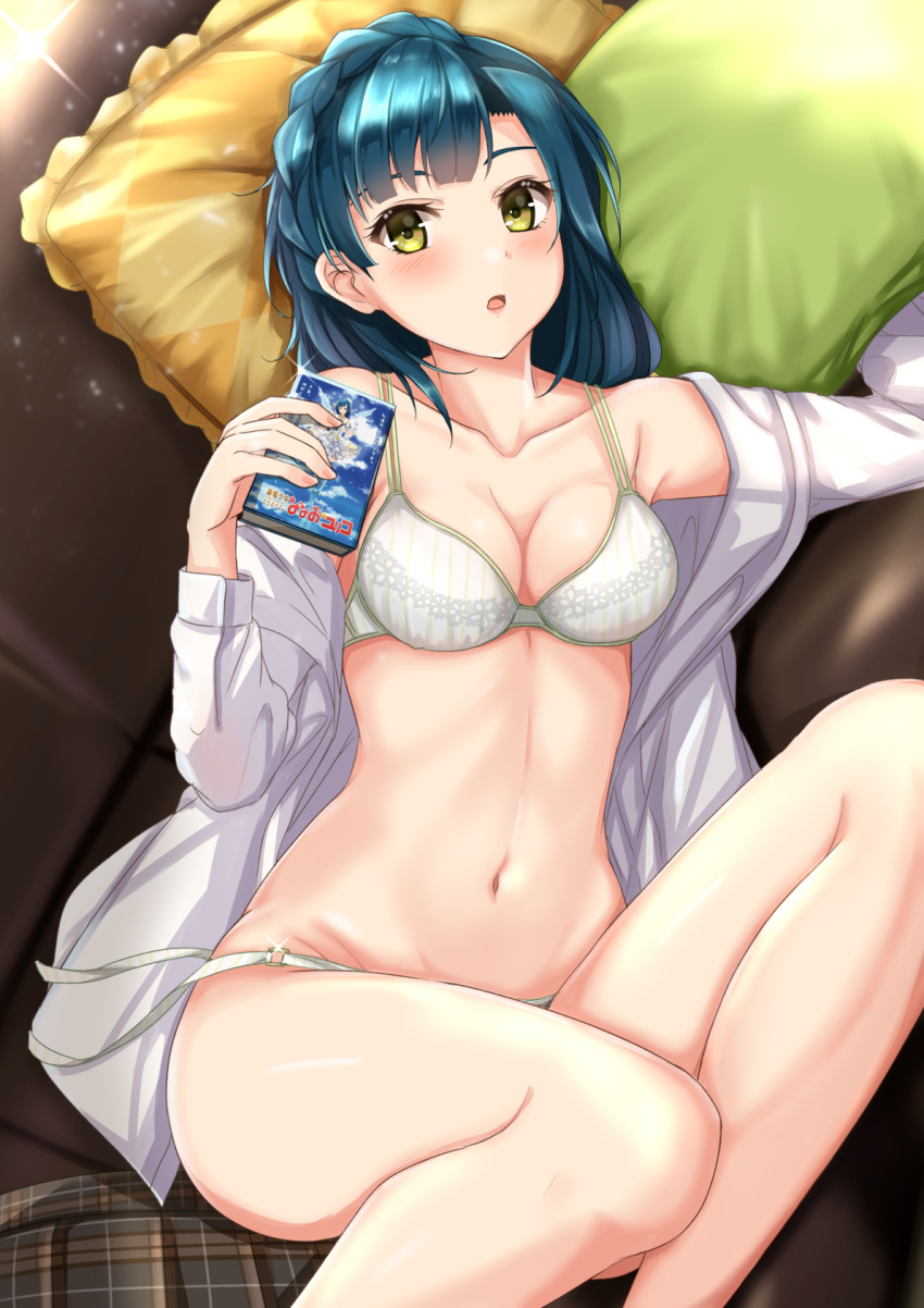 1girl :o armpits bare_legs bare_shoulders blue_hair book bra braid breasts cleavage collarbone commentary couch crown_braid dutch_angle feet_out_of_frame fingernails glint green_eyes grey_skirt highres holding holding_book idolmaster idolmaster_million_live! idolmaster_million_live!_theater_days lipstick long_sleeves looking_at_viewer lying makeup medium_breasts medium_hair nail_polish nanao_yuriko navel off_shoulder on_back on_couch on_side open_clothes open_mouth open_shirt panties pillow pink_lips pink_nails plaid plaid_skirt shiny shiny_hair shirt side-tie_panties skirt skirt_removed solo stomach underwear untied untied_panties white_bra white_panties white_shirt yuzuyu_(hyui)