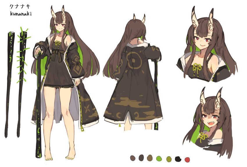 1girl arm_at_side bangs bare_legs bare_shoulders barefoot black_coat black_dress blush brown_eyes closed_mouth coat cropped_legs cropped_torso dress from_behind green_hair green_nails lansane legs_apart long_hair long_sleeves looking_at_viewer multiple_views nail_polish oni oni_horns open_clothes open_coat original pinafore_dress red_eyes shaded_face short_dress sidelocks simple_background smile straight_hair toenail_polish unzipped very_long_hair weapon white_background zipper_pull_tab