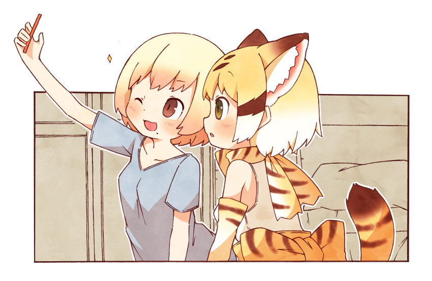 2girls ;d absurdres animal_ears bare_shoulders blonde_hair blue_shirt brown_eyes cat_ears cat_tail commentary_request elbow_gloves enk_0822 extra_ears gloves green_eyes highres kemono_friends looking_away mewhan mole mole_under_mouth multiple_girls one_eye_closed open_mouth profile sand_cat_(kemono_friends) seiyuu_connection self_shot shirt short_hair short_sleeves sleeveless sleeveless_shirt smile t-shirt tail white_shirt