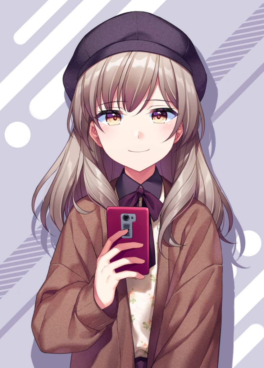 1girl bangs beret black_hat blush brown_coat brown_eyes casual cellphone cellphone_camera check_commentary closed_mouth coat commentary_request eyebrows_visible_through_hair floral_print grey_background hat highres holding holding_phone jenevan neck_ribbon open_clothes open_coat original phone print_shirt purple_neckwear purple_ribbon ribbon shirt smartphone smile solo striped striped_background white_shirt