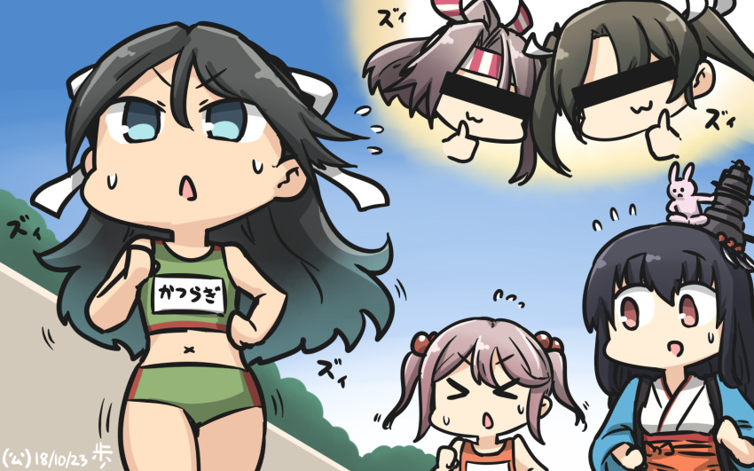 &gt;_&lt; 5girls :3 alternate_costume animal animal_on_head bar_censor bare_arms bare_shoulders black_hair blue_eyes blue_hair bunny_on_head censored clenched_hands closed_eyes commentary_request contemporary crop_top dated detached_sleeves eyebrows_visible_through_hair floral_print flying_sweatdrops fusou_(kantai_collection) gradient_hair hachimaki hair_between_eyes hair_bobbles hair_flaps hair_ornament hair_ribbon hamu_koutarou headband headgear height_difference highres identity_censor japanese_clothes kantai_collection katsuragi_(kantai_collection) long_hair looking_at_another looking_to_the_side midriff motion_lines multicolored_hair multiple_girls name_tag navel nontraditional_miko on_head open_mouth outdoors pink_hair rabbit red_eyes remodel_(kantai_collection) ribbon running sazanami_(kantai_collection) short_hair spoken_character sportswear stomach sweatdrop tank_top thumbs_up track_uniform twintails x_navel zui_zui_dance zuihou_(kantai_collection) zuikaku_(kantai_collection)