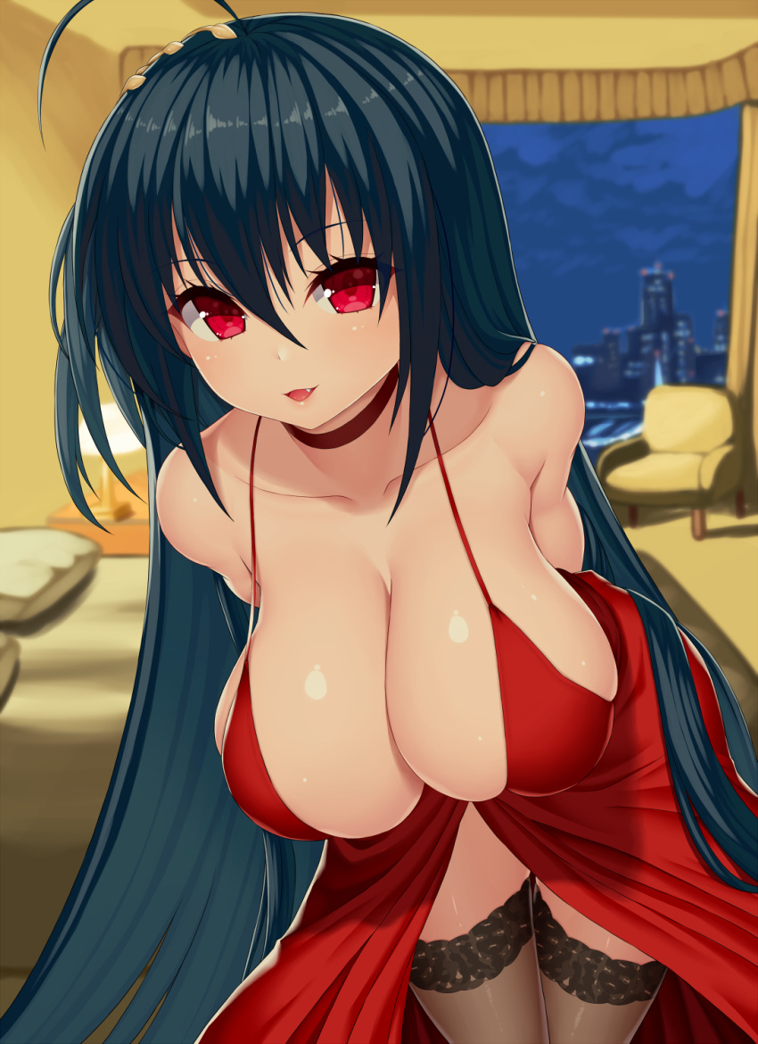 1girl ahoge arms_behind_back asamura_hiori azur_lane bent_over black_hair black_legwear blurry blurry_background breasts choker cleavage collarbone cowboy_shot depth_of_field dress fang hair_between_eyes highres indoors large_breasts looking_at_viewer red_dress red_eyes smile solo strap_gap taihou_(azur_lane) thigh-highs