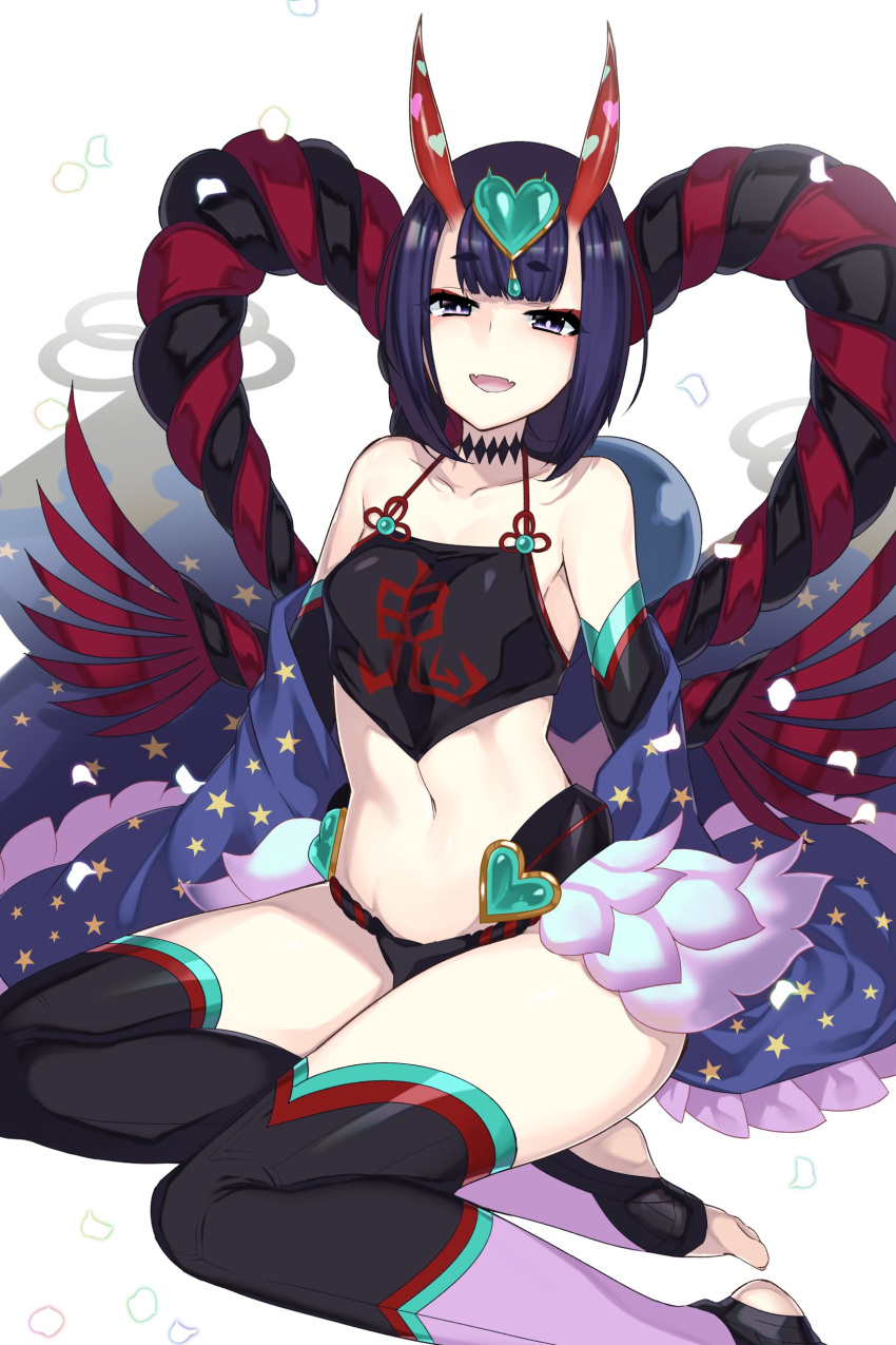 1girl absurdres anoshabu bangs bare_shoulders blunt_bangs breasts clothes_writing detached_sleeves dudou eyebrows_visible_through_hair fangs fate/grand_order fate_(series) feet hair_ornament heart highres japanese_clothes long_sleeves makeup mascara navel oni oni_horns open_mouth shuten_douji_(fate/grand_order) shuten_douji_(halloween)_(fate) simple_background small_breasts smile star star_print thigh-highs toeless_legwear white_background wide_sleeves