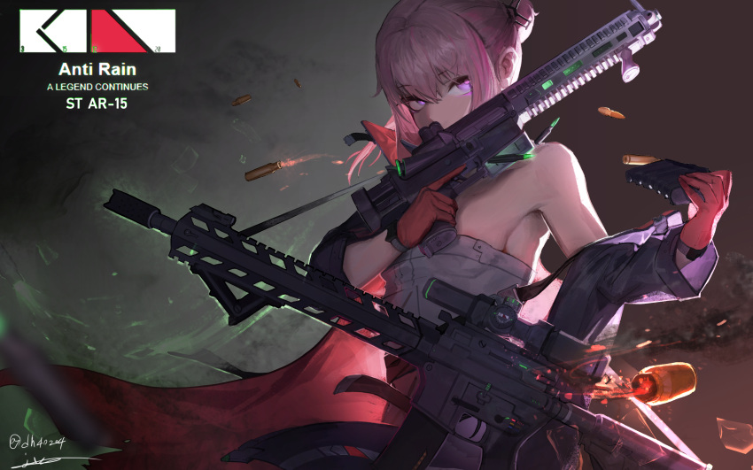 1girl absurdres ar-15 armor armpits assault_rifle bangs blue_eyes breasts bullet character_name closed_mouth coat covered_mouth dress dual_wielding eyebrows_visible_through_hair floating_hair girls_frontline gloves gun hair_between_eyes hair_ornament highres holding holding_gun holding_weapon junexp long_hair looking_at_viewer mod3_(girls_frontline) multicolored_hair off_shoulder pink_hair ponytail reloading rifle scarf shell_casing sidelocks signature small_breasts solo st_ar-15_(girls_frontline) strapless streaked_hair trigger_discipline tubetop weapon wind wind_lift
