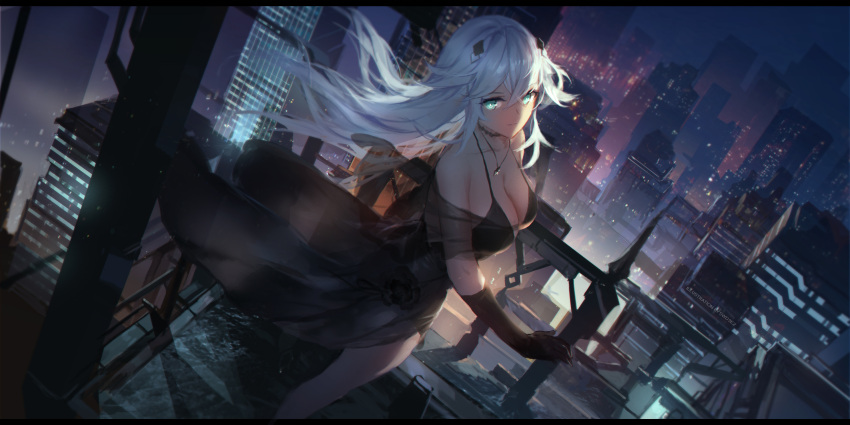 1girl aqua_eyes artist_name azur_lane balcony bangs bare_shoulders black_dress black_flower black_gloves black_heart breasts building choker city city_lights cityscape cleavage closed_mouth collarbone commentary_request dress dutch_angle floating_hair flower gloves hair_between_eyes hair_ornament highres jewelry large_breasts letterboxed looking_at_viewer necklace neptune_(series) night night_sky outdoors rose see-through sky skyscraper smile solo standing swd3e2 symbol-shaped_pupils watermark white_hair wind wind_lift
