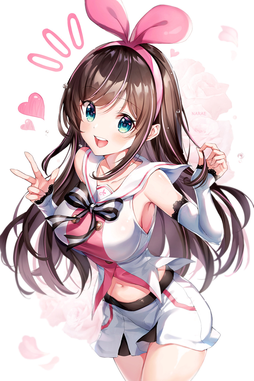 1girl :d a.i._channel artist_name bangs blush bow breasts brown_hair commentary detached_sleeves eyebrows_visible_through_hair fingernails flower green_eyes hair_between_eyes hair_ribbon hairband hands_up heart highres kizuna_ai long_hair long_sleeves medium_breasts multicolored_hair narae navel open_mouth pink_flower pink_hair pink_hairband pink_ribbon pink_rose playing_with_own_hair ribbon rose round_teeth sailor_collar shirt short_shorts shorts sleeveless sleeveless_shirt sleeves_past_wrists smile solo streaked_hair striped striped_bow teeth upper_teeth v very_long_hair virtual_youtuber white_sailor_collar white_shirt white_shorts