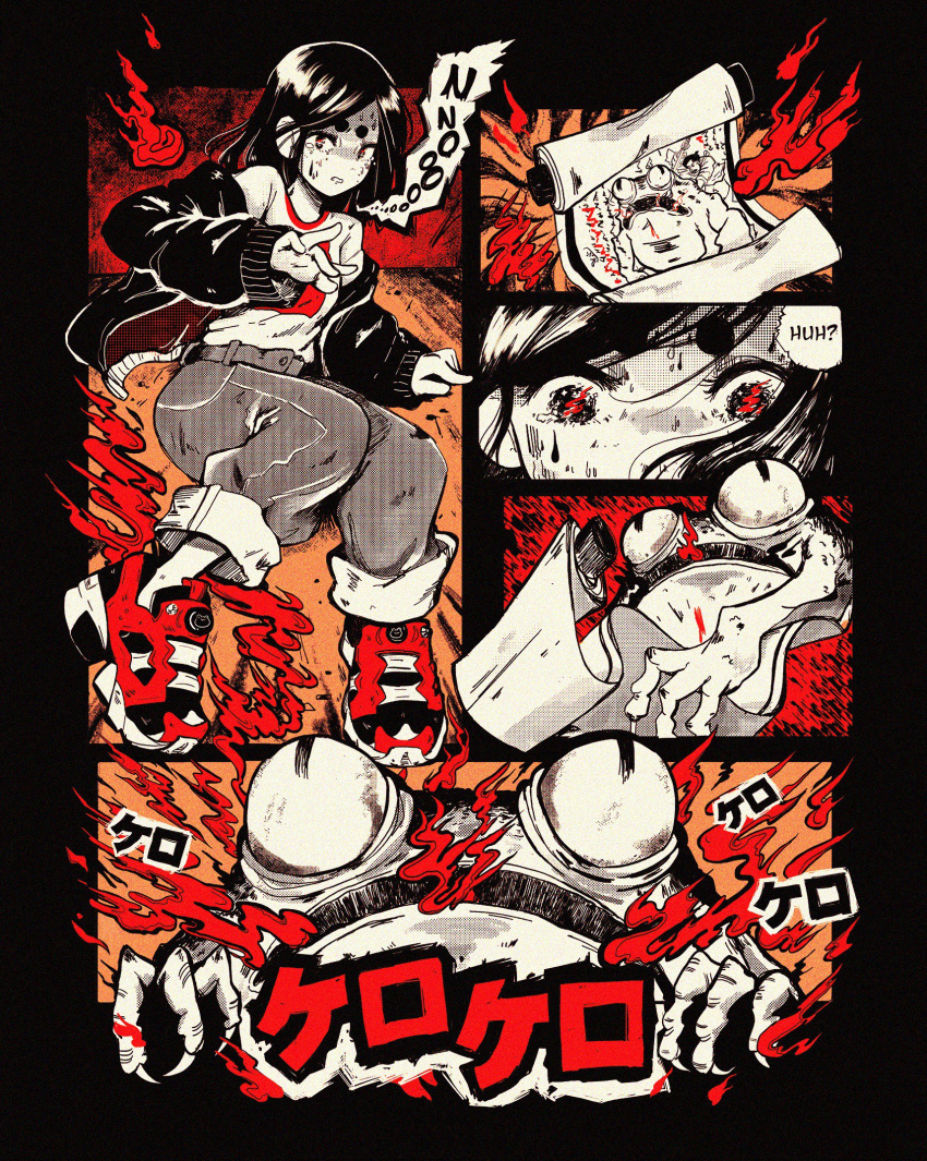1girl black_background black_hair black_jacket comic crisalys english fire frog grey_pants highres jacket limited_palette long_sleeves medium_hair open_clothes open_jacket original pants red_footwear scroll shoes speech_bubble translation_request