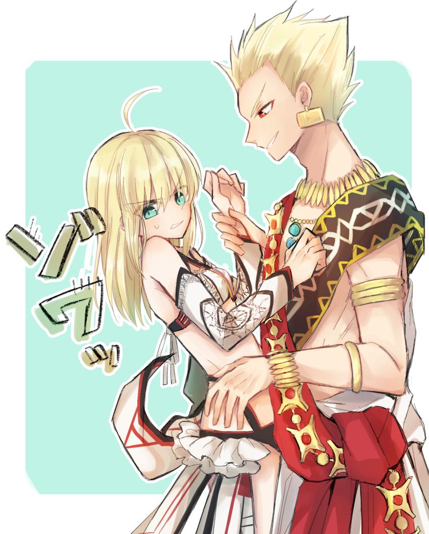 1boy 1girl ahoge altera_(fate) altera_(fate)_(cosplay) aqua_eyes armlet artoria_pendragon_(all) blonde_hair bracelet cosplay detached_sleeves earrings fate_(series) from_side gilgamesh highres jewelry long_hair long_sleeves nayu_tundora necklace red_eyes saber sketch standing white_sleeves wrist_grab