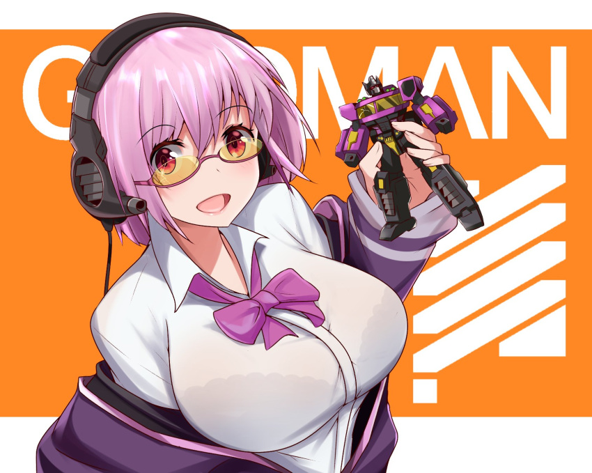 1girl altronage bad_id bad_twitter_id bangs bow breasts collared_shirt commentary crossover english eyebrows_visible_through_hair glasses headphones highres inactive_account jacket large_breasts lavender_hair optimus_prime_(shattered_glass) purple_jacket red_eyes robot school_uniform shinjou_akane shirt short_hair ssss.gridman title transformer transformers transformers_shattered_glass white_shirt