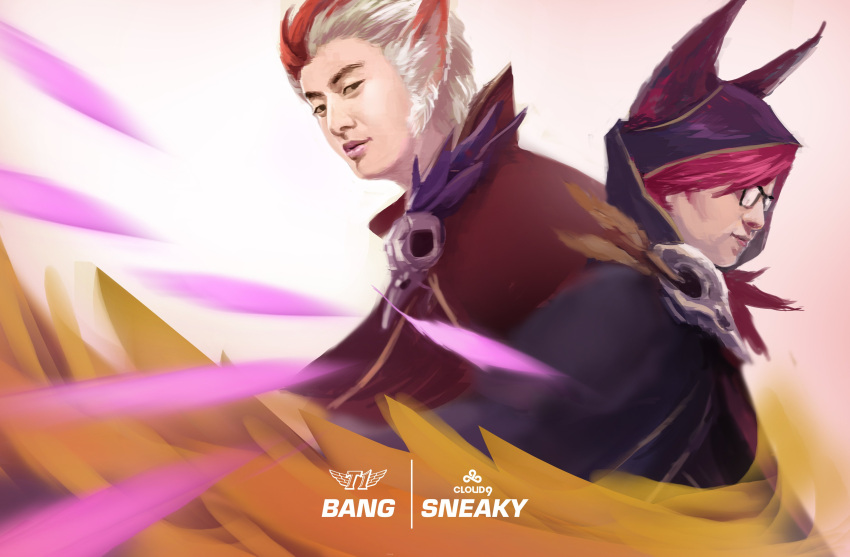 2boys absurdres atan bang_(gamer) character_name cloud_9_(team) cosplay crossdressinging glasses highres hood league_of_legends multiple_boys rakan_(league_of_legends) rakan_(league_of_legends)_(cosplay) real_life sk_telecom_t1 sneaky_(gamer) upper_body xayah xayah_(cosplay)