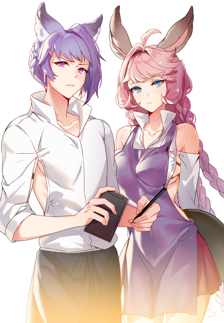 1boy 1girl absurdres ahoge aki663 animal_ears apron bare_shoulders blue_eyes braid breasts brother_and_sister collarbone collared_shirt cowboy_shot detached_sleeves erune esser granblue_fantasy hair_ornament hairclip highres long_hair looking_at_viewer medium_breasts miniskirt notepad pen pink_eyes pink_hair purple_hair quatre_(granblue_fantasy) shirt short_hair siblings side_slit sideboob signature simple_background skirt sleeves_rolled_up standing tray waist_apron white_background white_shirt