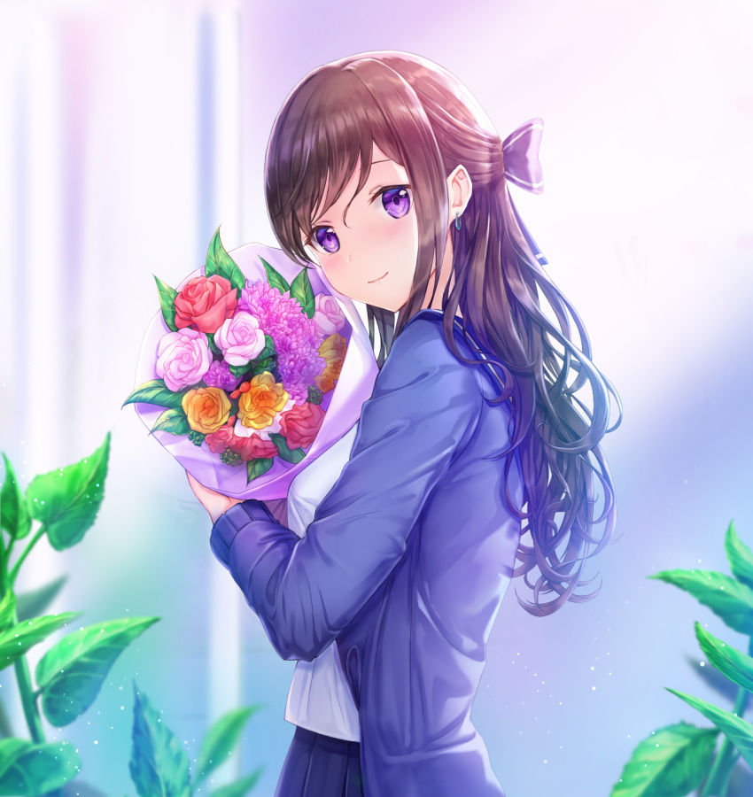 1girl bangs blue_bow blue_jacket blue_skirt blurry blurry_background blush bouquet bow breasts brown_hair closed_mouth commentary depth_of_field earrings english_commentary eyebrows_visible_through_hair flower hair_between_eyes head_tilt highres holding holding_bouquet jacket jewelry long_hair looking_at_viewer looking_to_the_side lunacle open_clothes open_jacket original pink_flower pink_rose pleated_skirt purple_flower red_flower red_rose rose shirt skirt small_breasts smile solo striped striped_bow very_long_hair violet_eyes white_shirt yellow_flower yellow_rose