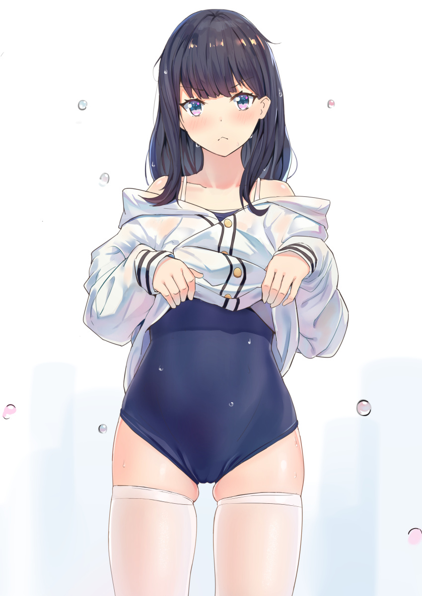 1girl :&lt; absurdres bare_shoulders black_hair blue_background blue_eyes blue_swimsuit blush cardigan_lift closed_mouth collarbone commentary competition_school_swimsuit cowboy_shot darcy_(pixiv11949485) english_commentary eyebrows_visible_through_hair gradient gradient_background highres lifted_by_self long_hair long_sleeves looking_at_viewer off_shoulder school_swimsuit skindentation solo ssss.gridman swimsuit swimsuit_under_clothes takarada_rikka thigh-highs v-shaped_eyebrows water wet white_cardigan white_legwear