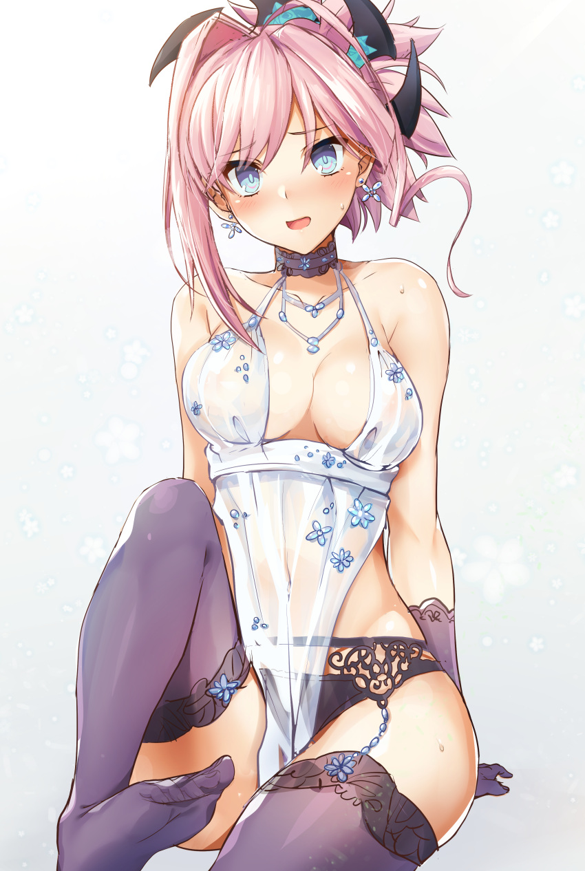 1girl :d absurdres arm_support bangs bare_shoulders black_panties blue_eyes blush breasts cleavage commentary_request covered_navel earrings elbow_gloves eyebrows_visible_through_hair fate/grand_order fate_(series) feet gloves gradient gradient_background grey_background hair_between_eyes hair_intakes hair_ornament head_tilt highres jewelry large_breasts legs long_hair miyamoto_musashi_(fate/grand_order) open_mouth panties pink_hair purple_gloves purple_legwear samoore see-through sidelocks sitting smile soles solo thigh-highs toenails underwear white_background