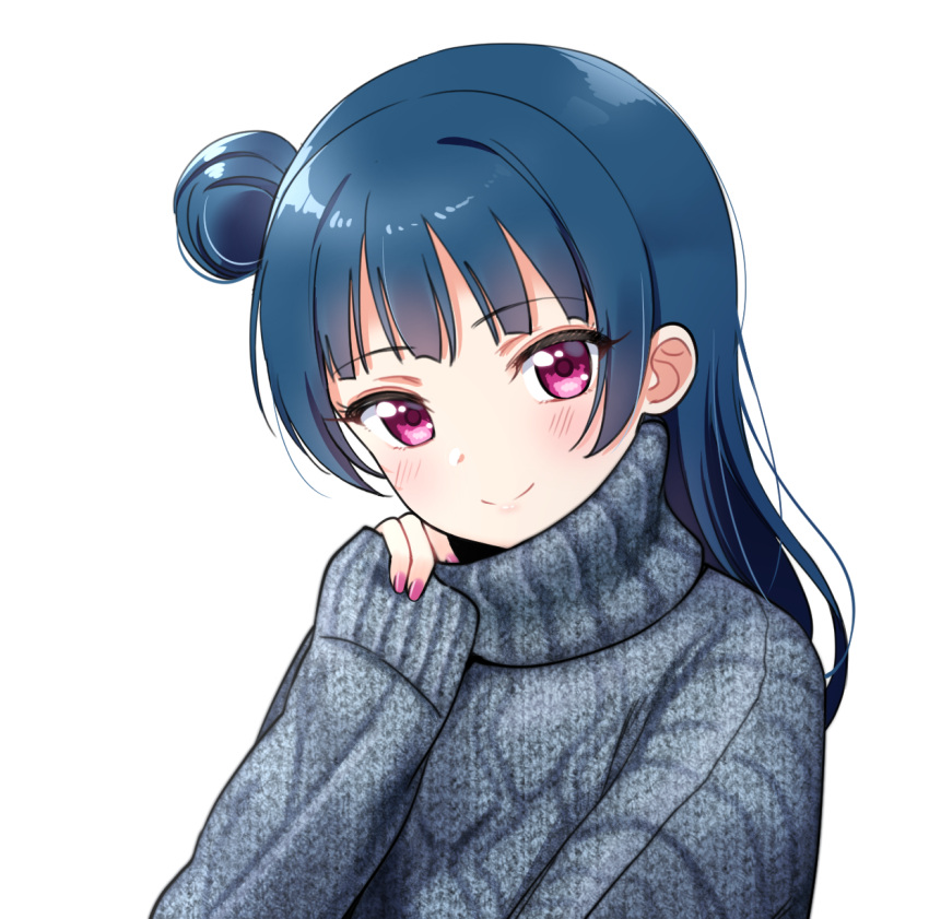 1girl adjusting_collar bangs blue_hair blue_sweater blush clenched_hand deadnooodles highres long_hair long_sleeves looking_at_viewer love_live! love_live!_sunshine!! nail_polish purple_nails side_bun simple_background sleeves_past_wrists smile solo sweater tsushima_yoshiko turtleneck turtleneck_sweater upper_body violet_eyes white_background