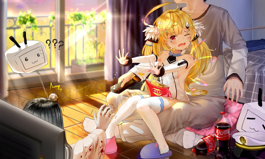 1boy 2girls admiral_(azur_lane) azur_lane bed black_hair blonde_hair chips cola commentary_request controller detached_sleeves eldridge_(azur_lane) food hat hbb highres long_hair military_hat multiple_girls one_eye_closed pillow potato_chips red_eyes remote_control sitting sitting_on_person slippers sunlight tagme tearing_up television the_ring thigh-highs twintails