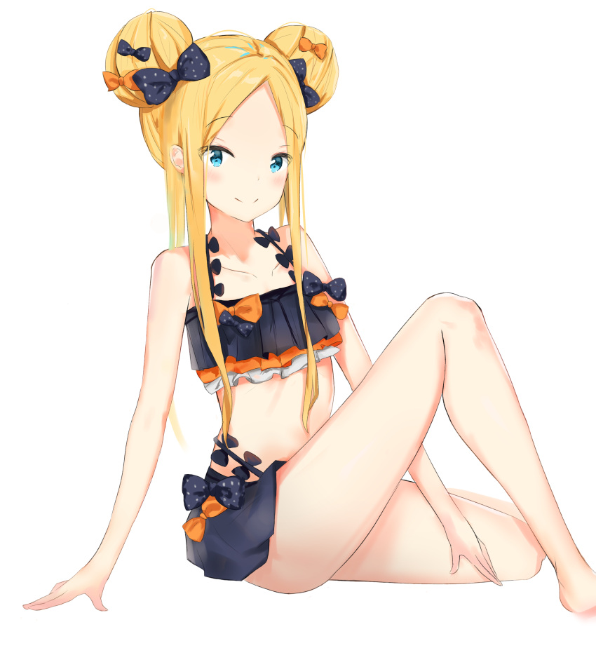 1girl abigail_williams_(fate/grand_order) absurdres bangs bare_arms bare_legs bare_shoulders bikini black_bikini black_bow blonde_hair blue_eyes blush bow closed_mouth collarbone commentary_request double_bun emerald_float eyebrows_visible_through_hair fate/grand_order fate_(series) feet_out_of_frame forehead full_body hair_bow highres long_hair orange_bow parted_bangs polka_dot polka_dot_bow side_bun sidelocks simple_background sitting smile solo swimsuit very_long_hair white_background yukaa