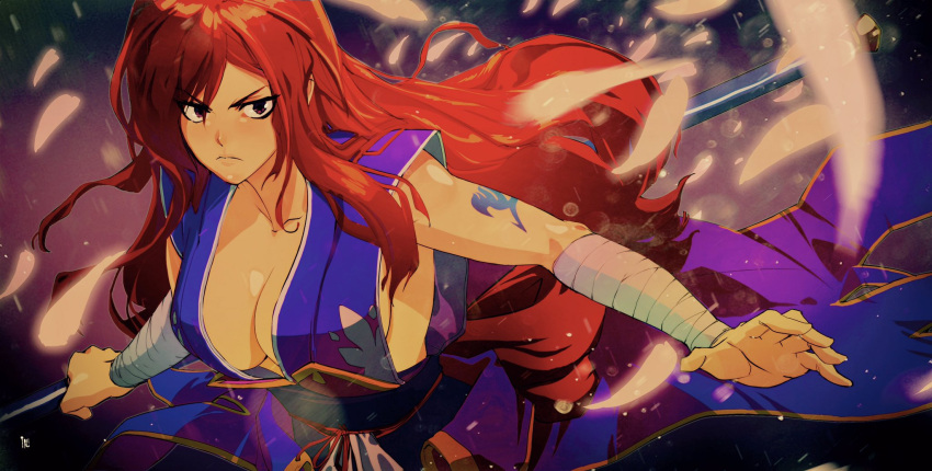 1girl arm_tattoo arm_wrap breasts brown_eyes cleavage commentary commission david_liu english_commentary erza_scarlet fairy_tail highres holding holding_weapon japanese_clothes large_breasts no_bra obi petals polearm redhead sash serious sideboob solo tattoo weapon