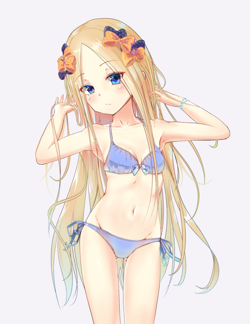 1girl abigail_williams_(fate/grand_order) armpits arms_up bangs bare_shoulders black_bow blonde_hair blue_bra blue_eyes blue_panties blush bow bra bracelet breasts closed_mouth collarbone fate/grand_order fate_(series) forehead hands_in_hair highres hips jewelry long_hair looking_at_viewer navel orange_bow panties parted_bangs polka_dot polka_dot_bow sakazakinchan side-tie_panties simple_background small_breasts solo thighs underwear very_long_hair waist white_background