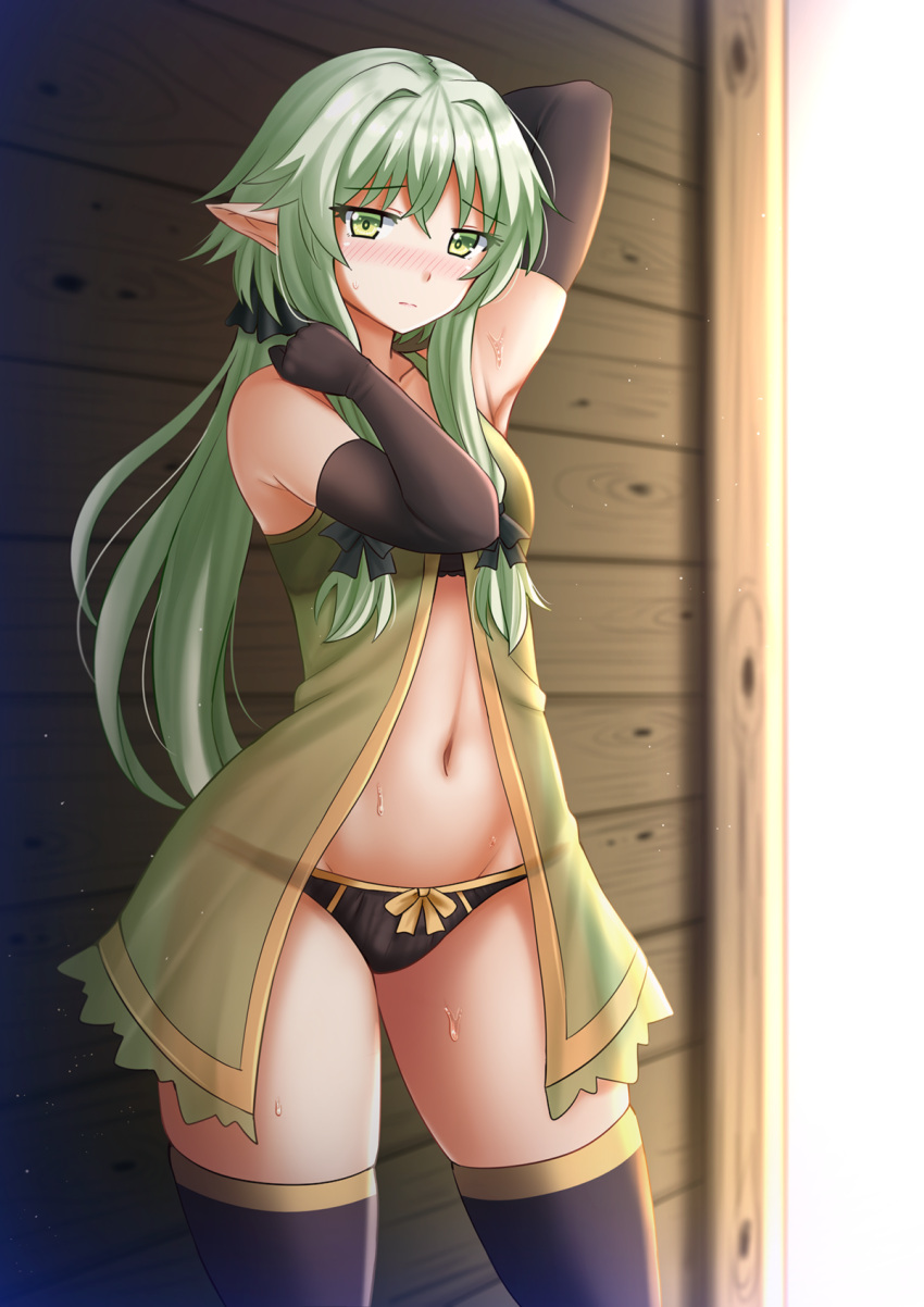 1girl arm_up babydoll bangs bare_shoulders black_bra black_gloves black_legwear black_panties black_ribbon blurry blurry_background blush bow bow_panties bra breasts closed_mouth collarbone commentary depth_of_field elbow_gloves elf eyebrows_visible_through_hair gloves goblin_slayer! green_babydoll green_eyes green_hair hair_between_eyes hair_ribbon hand_up head_tilt high_elf_archer_(goblin_slayer!) highres kazenokaze long_hair looking_at_viewer navel nose_blush panties pointy_ears ribbon see-through sidelocks small_breasts solo standing sweat thigh-highs underwear very_long_hair