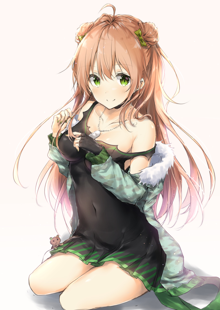 1girl absurdres bangs bare_shoulders black_dress black_gloves blush bow breasts brown_background brown_hair camouflage_jacket closed_mouth collarbone commentary_request covered_navel dog_tags double_bun dress eyebrows_visible_through_hair fingerless_gloves fingernails fur-trimmed_jacket fur_trim girls_frontline gloves gradient gradient_background green_bow green_eyes green_jacket green_nails hair_between_eyes hair_bow highres jacket long_hair long_sleeves looking_at_viewer medium_breasts nail_polish off_shoulder pleated_dress rfb_(girls_frontline) shadow side_bun single_glove sitting smile solo strap_slip stuffed_animal stuffed_toy teddy_bear torn_clothes torn_dress uzuki_tsukuyo very_long_hair white_background yokozuwari