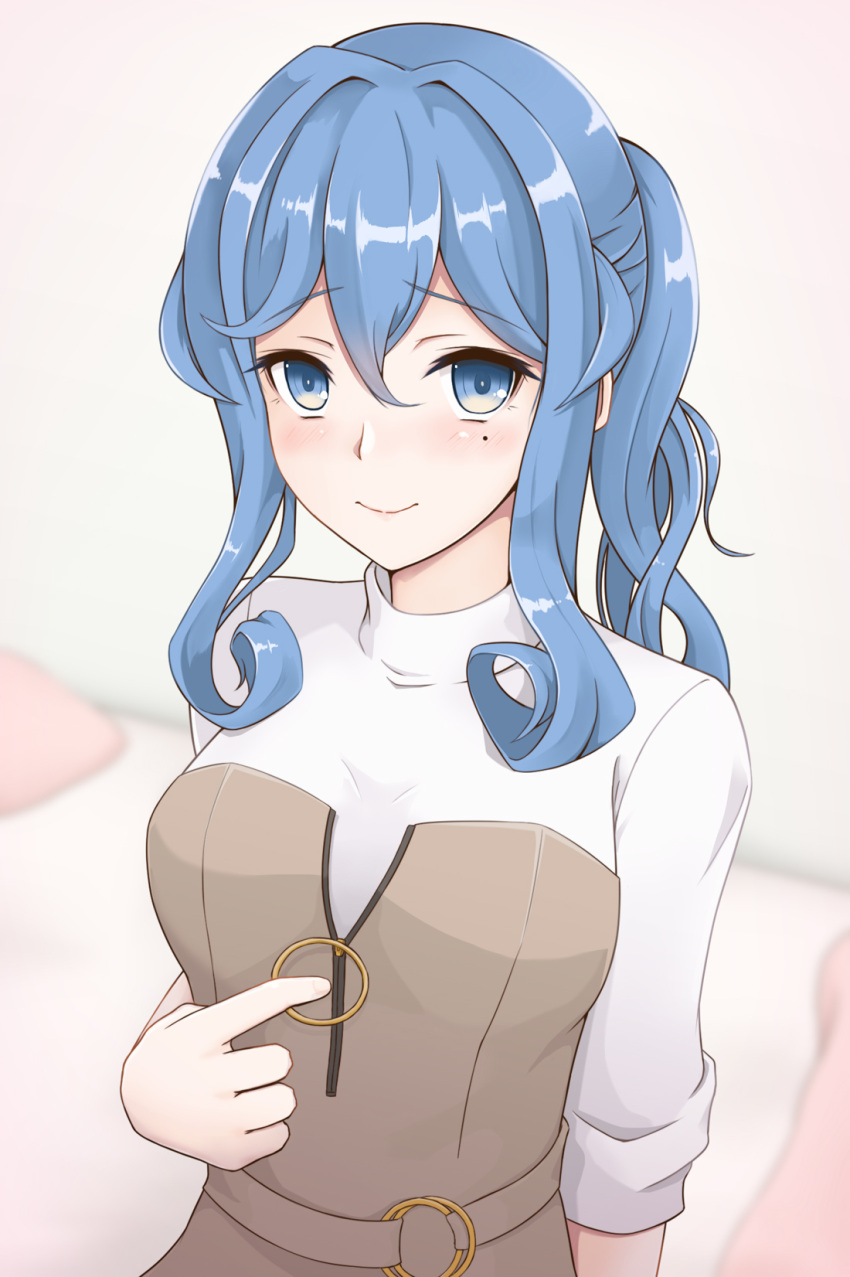 1girl blue_eyes blue_hair commentary_request gotland_(kantai_collection) hair_bun highres kantai_collection kodama_(user_rnfr3534) long_hair looking_at_viewer mole mole_under_eye sitting smile solo sweater upper_body white_sweater