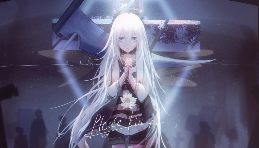 1girl black_shorts blue_eyes cowboy_shot floating_hair flower hair_between_eyes hands_clasped highres jacket long_hair looking_at_viewer open_clothes open_jacket own_hands_together rachel_gardner satsuriku_no_tenshi scythe shirt short_shorts shorts silver_hair solo standing striped striped_shirt t.s very_long_hair white_flower