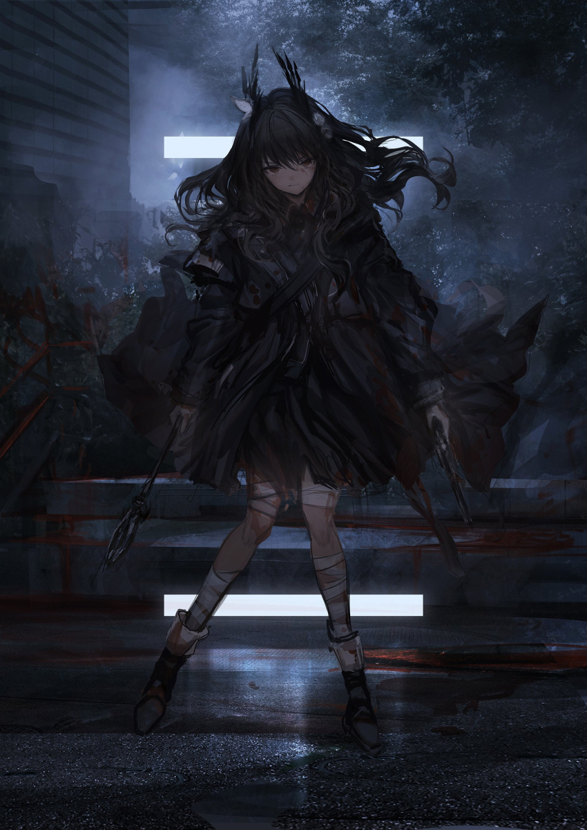 1girl absurdres bandage bangs black_footwear black_jacket black_skirt blood blood_on_face blood_stain bloody_clothes brown_eyes brown_hair butterfly_hair_ornament flower forest gun hair_flower hair_ornament handgun highres holding holding_gun holding_scepter holding_weapon jacket knees_together lavender_quartz lm7_(op-center) looking_at_viewer nature night pistol scepter serious skirt solo stairs standing torabishi_lana weapon