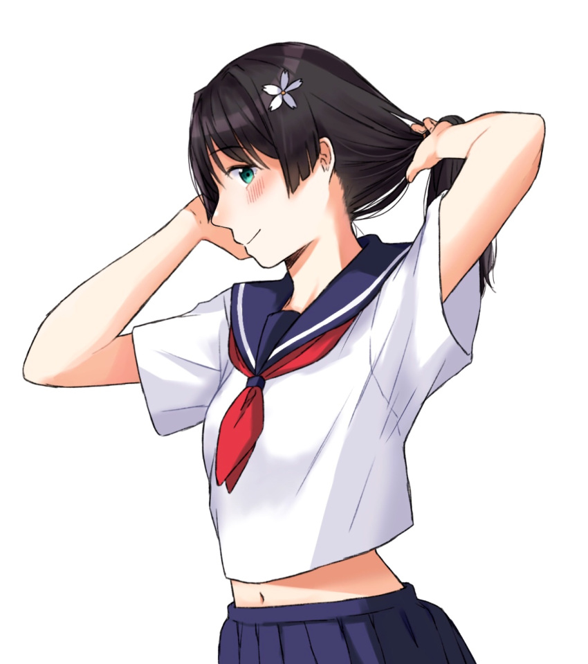 1girl adjusting_hair arms_up bangs black_hair blouse blue_skirt blush closed_mouth commentary_request eyebrows_visible_through_hair flower green_eyes hair_flower hair_ornament hand_on_own_face highres long_hair looking_at_viewer midriff mikemaru_(kamijou6349) navel neckerchief partial_commentary pleated_skirt red_neckwear sakugawa_school_uniform saten_ruiko school_uniform serafuku short_sleeves simple_background skirt smile solo standing to_aru_kagaku_no_railgun to_aru_majutsu_no_index upper_body white_background white_blouse