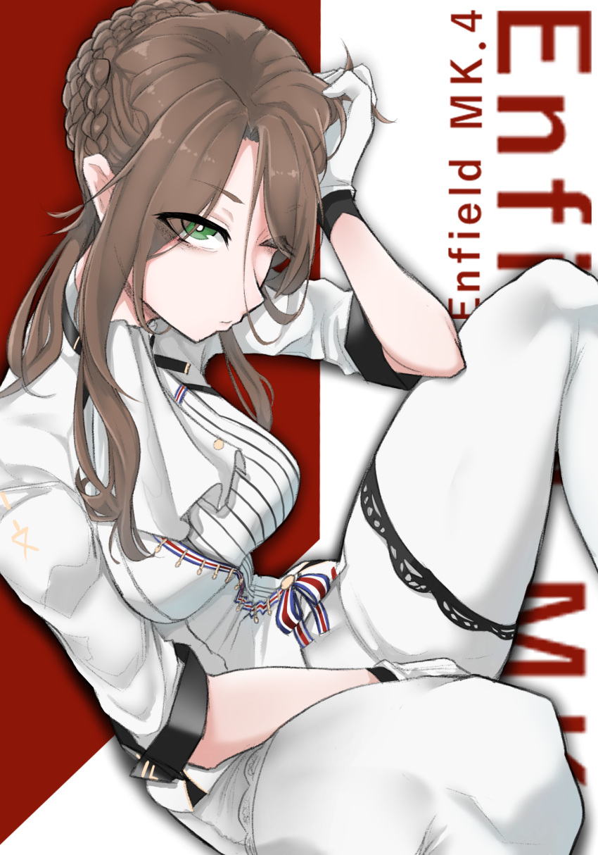 1girl bags_under_eyes braid breasts brown_hair character_name closed_mouth eyebrows eyebrows_visible_through_hair french_braid girls_frontline gloves green_eyes hair_ornament hand_on_own_head hand_up highres kongthegrain lee-enfield_(girls_frontline) long_hair looking_at_viewer one_eye_closed pants simple_background sitting solo uniform white_gloves white_pants