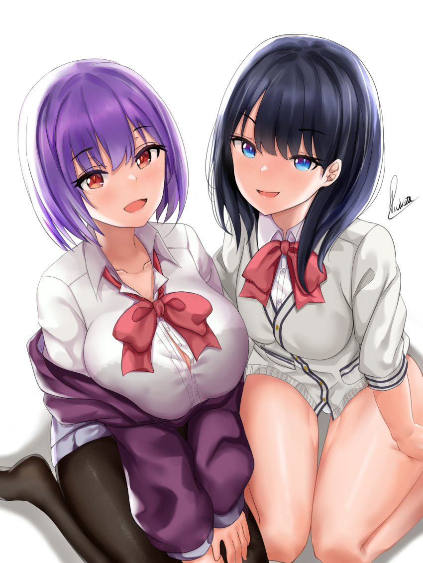 2girls bangs black_hair blue_eyes blush bow breasts bursting_breasts buttons collared_shirt dress_shirt highres hips jacket large_breasts lavender_hair long_hair long_sleeves looking_at_viewer multiple_girls off_shoulder open_clothes open_jacket pantyhose piukute062 purple_jacket red_bow red_eyes red_neckwear school_uniform seiza shinjou_akane shirt short_hair signature simple_background sitting skirt small_breasts smile ssss.gridman sweater takarada_rikka thighs white_background white_shirt white_sweater