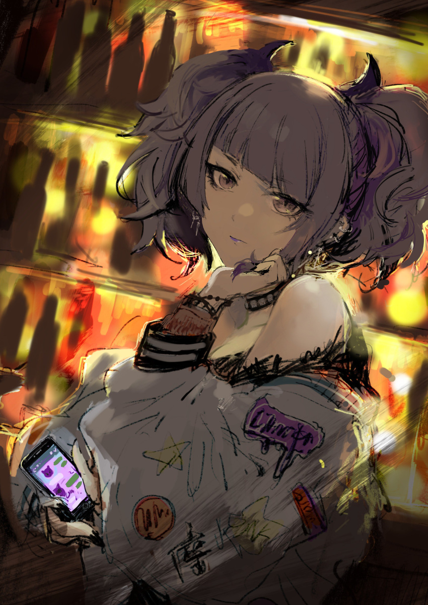 1girl absurdres bangs bare_shoulders black_choker blurry blurry_background cellphone choker closed_mouth commentary_request diagonal_bangs earrings highres holding holding_cellphone holding_hair holding_phone idolmaster idolmaster_shiny_colors jacket jewelry lipstick looking_at_viewer makeup mmmkawaine off_shoulder phone purple_hair purple_lipstick short_twintails smartphone solo spiked_choker spikes tanaka_mamimi twintails violet_eyes
