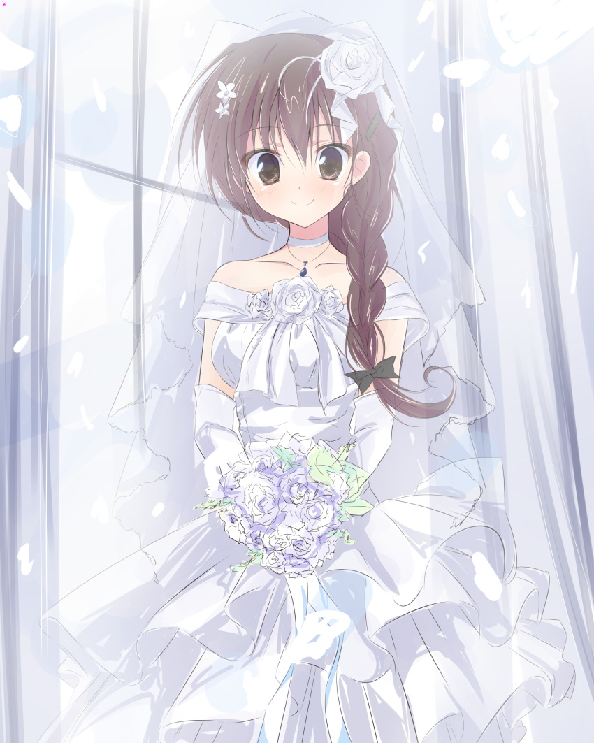 1girl backlighting bouquet braid bridal_veil brown_eyes brown_hair choker closed_mouth commentary cowboy_shot dress elbow_gloves eyebrows_visible_through_hair flower getsumen_suibaku_ver._a(c) girls_und_panzer gloves hair_flower hair_ornament hair_over_shoulder highres holding holding_bouquet indoors jewelry layered_dress long_dress long_hair looking_at_viewer necklace off-shoulder_dress off_shoulder rose rukuriri single_braid smile solo standing veil wedding_dress white_choker white_dress white_flower white_gloves white_rose wind wind_lift