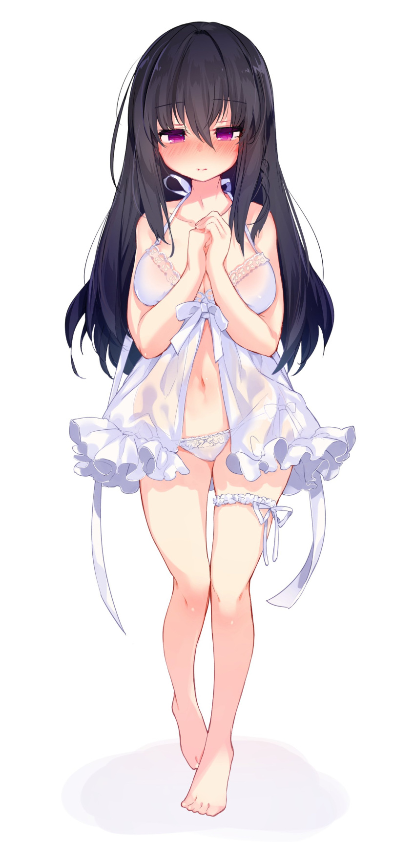 1girl absurdres babydoll bangs bare_arms bare_legs bare_shoulders barefoot black_hair blush breasts cleavage closed_mouth collarbone commentary_request eyebrows_visible_through_hair full_body garter_straps hair_between_eyes halter_top halterneck hands_together highres kurimochi_chizuru large_breasts lingerie long_hair looking_at_viewer midriff navel nose_blush original own_hands_together panties purple_hair see-through sidelocks simple_background solo stomach underwear underwear_only white_background white_panties