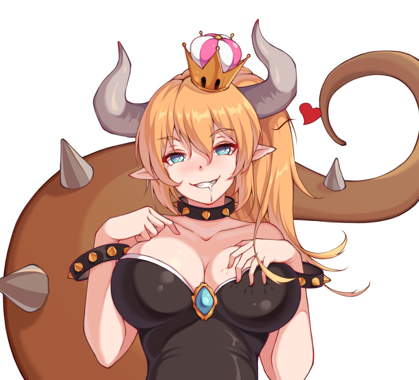 15805850117 1girl absurdres bare_shoulders blonde_hair blue_eyes blush bowsette bracelet breasts cleavage clenched_teeth collar crown eyebrows_visible_through_hair heart heart-shaped_pupils highres horns jewelry large_breasts looking_at_viewer super_mario_bros. new_super_mario_bros._u_deluxe nintendo pointy_ears ponytail saliva simple_background smile solo spiked_bracelet spiked_collar spikes super_crown symbol-shaped_pupils tail teeth white_background