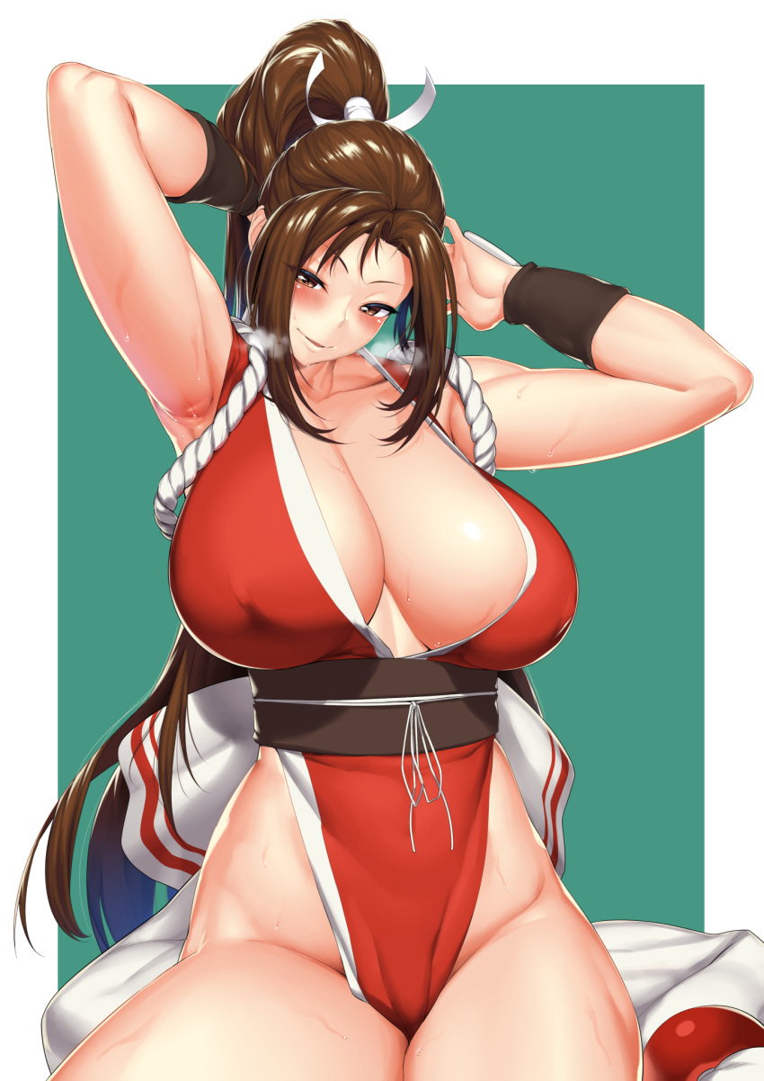 armpits arms_up bangs bare_shoulders border breasts brown_eyes brown_hair cleavage closed_mouth dress fatal_fury green_background hair_ribbon hakai_shin heavy_breathing high_ponytail highleg highleg_dress highres hips huge_breasts japanese_clothes long_hair parted_bangs pelvic_curtain ponytail red_dress revealing_clothes ribbon rope sash shiranui_mai sideboob smile sweat the_king_of_fighters thighs very_long_hair white_border white_ribbon wristband