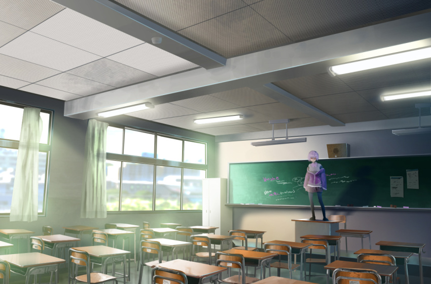 1girl blurry breasts building ceiling_light chair chalkboard classroom commentary_request curtains day desk indoors jacket lavender_hair light locker long_sleeves looking_at_viewer miniskirt off_shoulder pajaman pantyhose purple_jacket red_eyes school_desk shaded_face shinjou_akane shirt short_hair skirt sleeves_past_fingers sleeves_past_wrists solo ssss.gridman standing standing_on_object table window