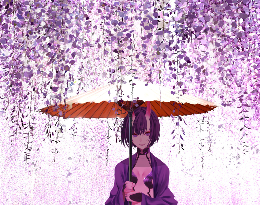 1girl bangs chef_no_kimagure_salad fate/grand_order fate_(series) flower japanese_clothes kimono looking_at_viewer oni oni_horns open_clothes open_kimono oriental_umbrella plant purple_hair purple_kimono short_hair shuten_douji_(fate/grand_order) smile umbrella upper_body vines violet_eyes wisteria