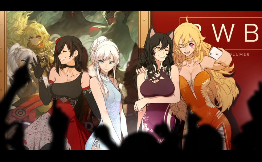 4girls ;d ^_^ ahoge animal_ears arm_at_side armpits asymmetrical_clothes bare_arms bare_shoulders black_choker black_gloves black_hair blake_belladonna blonde_hair blue_dress blue_eyes blurry blurry_foreground breast_hold breasts cat_ears cat_girl cellphone choker cleavage closed_eyes closed_eyes collarbone copyright_name cross-laced_clothes crowd depth_of_field dishwasher1910 dress earrings elbow_gloves evening_gown eyebrows_visible_through_hair floral_print flower gloves grin hair_between_eyes hair_flower hair_ornament hand_on_another's_shoulder hand_up holding holding_phone jewelry large_breasts letterboxed lips lipstick long_hair makeup medium_breasts multicolored_hair multiple_girls older one_eye_closed open_mouth outstretched_arm parted_lips phone picture_(object) picture_frame ponytail print_dress purple_dress red_background red_flower red_lips redhead rose_print round_teeth ruby_rose rwby self_shot short_hair sidelocks silhouette single_strap sleeveless sleeveless_dress small_breasts smartphone smile strap_gap streaked_hair stud_earrings teeth upper_teeth very_long_hair violet_eyes waving wavy_hair weiss weiss_schnee white_hair yang_xiao_long yellow_choker yellow_eyes