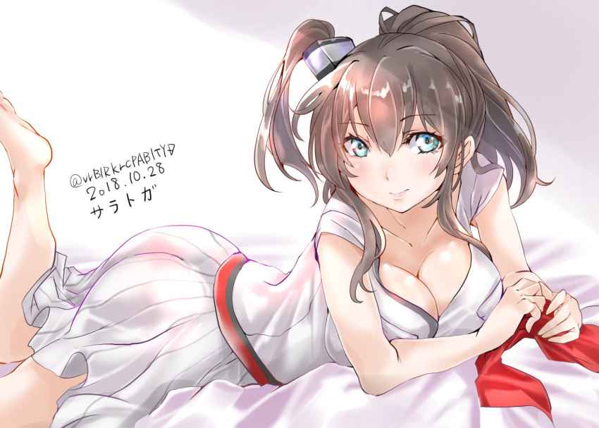 1girl barefoot blue_eyes breast_pocket breasts brown_hair character_name dated dress feet_out_of_frame gradient gradient_background hair_between_eyes kantai_collection large_breasts lying neckerchief_removed on_stomach open_clothes pocket ponytail red_neckwear saratoga_(kantai_collection) side_ponytail sidelocks smile smokestack solo tororo_ten twitter_username white_dress