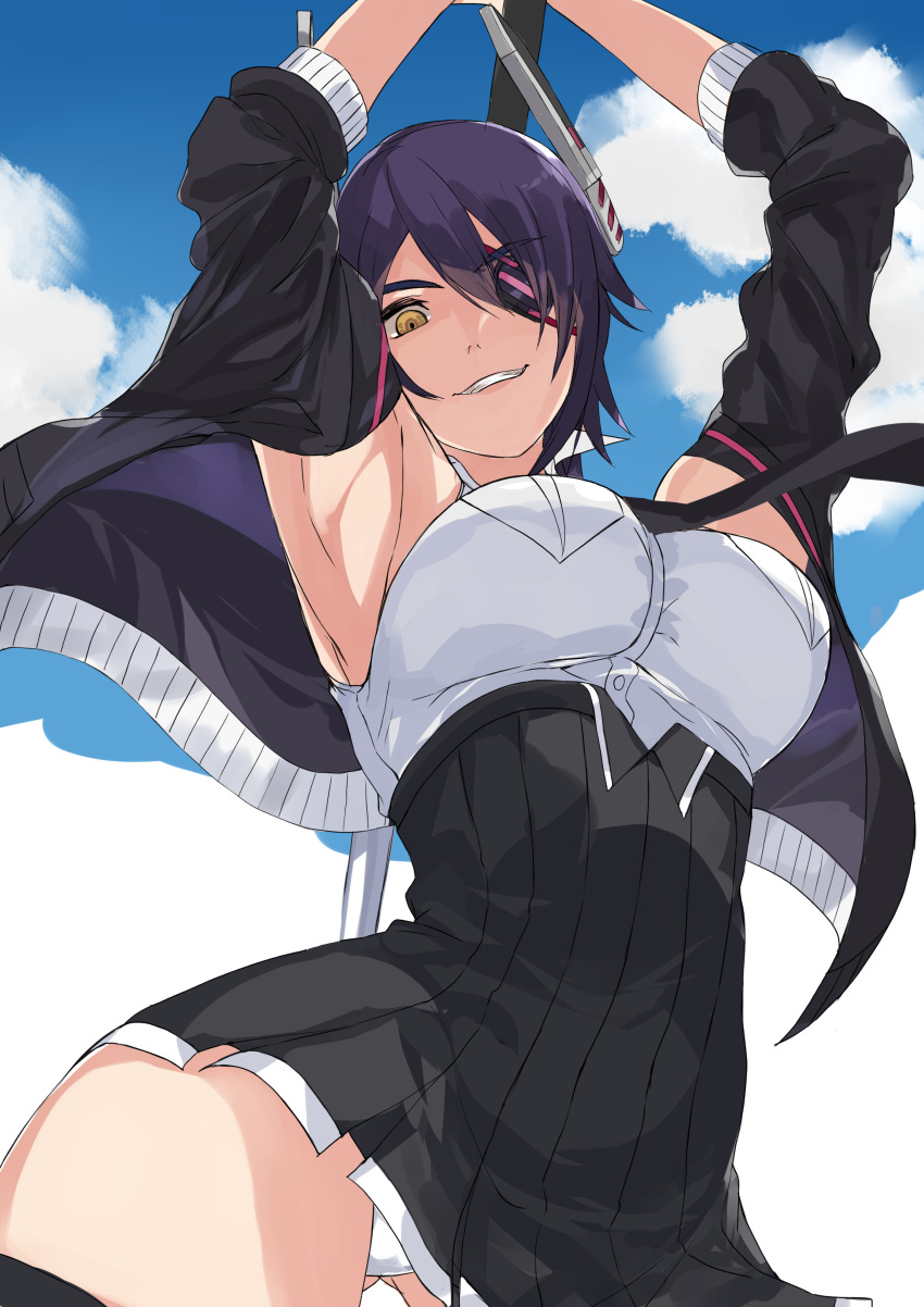 1girl absurdres armpits arms_up breasts burai_yuuki grin highres kantai_collection large_breasts looking_at_viewer panties pantyshot pantyshot_(standing) purple_hair short_hair smile solo standing tenryuu_(kantai_collection) underwear yellow_eyes