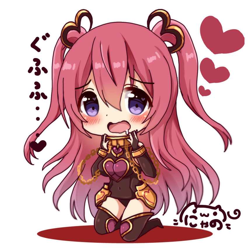 1girl bangs blush breasts brown_gloves brown_legwear brown_swimsuit chains character_request chibi commentary_request drooling eyebrows_visible_through_hair full_body gloves hair_between_eyes hair_ornament hands_up heart heart_in_eye highres kneeling large_breasts long_hair looking_at_viewer nyano21 open_mouth partly_fingerless_gloves pink_hair princess_connect! princess_connect!_re:dive saliva side_ponytail signature solo swimsuit symbol_in_eye thigh-highs translated two_side_up very_long_hair violet_eyes wavy_mouth white_background